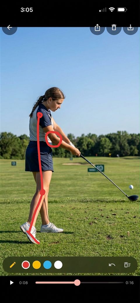 Blinkback player with a red telestrator line drawn over a golf swing
